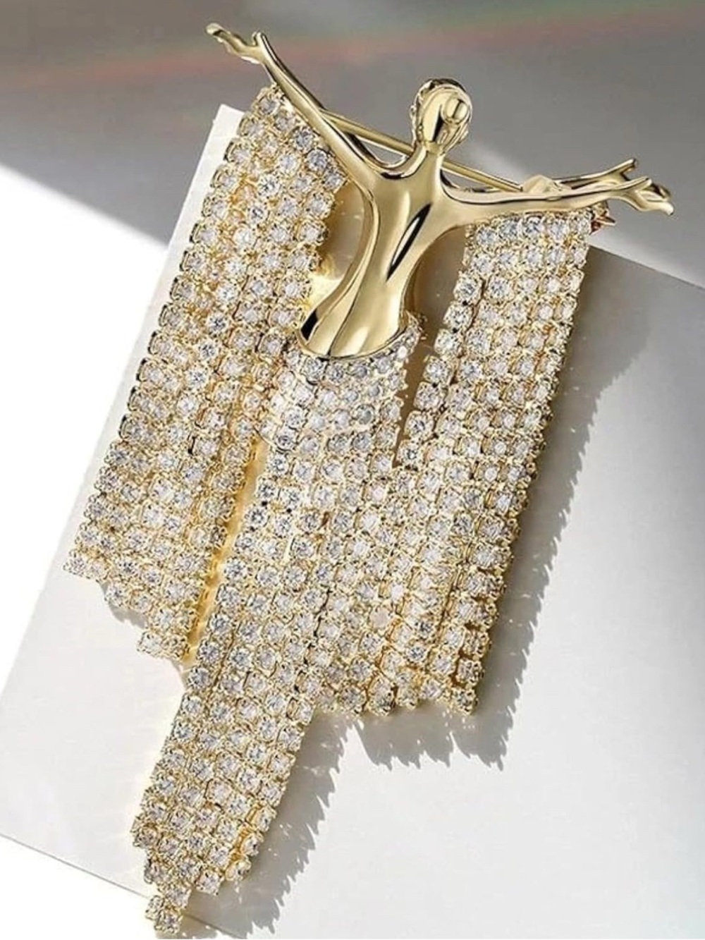 Elegant Gold Tassel Angel Women Sculpture Crystal Brooch
